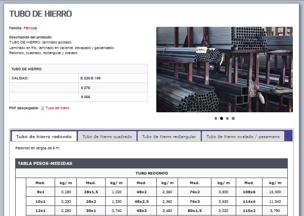 Tablas de peso y medida de tubo de hierro en web Alsimet